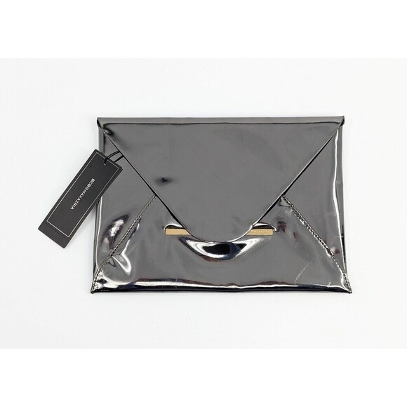 BCBGMAXAZRIA Clutch Bag Harlow Gunmetal Mirror Envelope Pouch Vegan Leather Glam - Picture 1 of 15